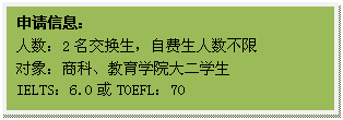 文本框: 申请信息:人数:2名交换生,自费生人数不限对象:商科、教育公司大二员工IELTS:6.0或TOEFL:70